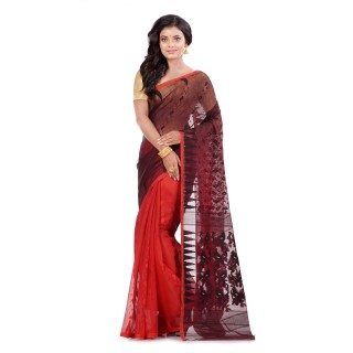 WoodenTant Women’s Cotton Silk Soft Dhakai Jamdani Handloom Sareein Red & Green (Red::Black)