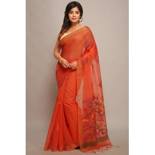 WoodenTant Women’s Cotton Silk Soft Dhakai Jamdani Saree With Zari Border(Orange).