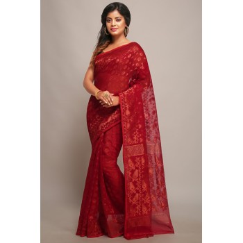 Woodentant women’s cotton silk dhakai jamdani saree without blouse piece_(Red)