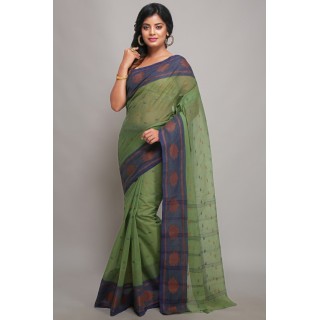 Woodentant women's woven Pure Cotton Tant Saree with starch & without blouse piece(Green).