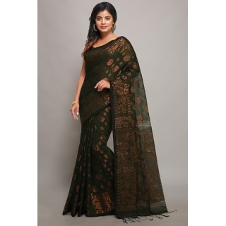 WoodenTant Women's banarasi Cotton silk Handloom Saree with pure copper Floral zari solid border_ (Dark Green)