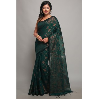 WoodenTant Women's banarasi Cotton silk Handloom Saree with pure copper Floral zari solid border_ (Dark Teal Green)