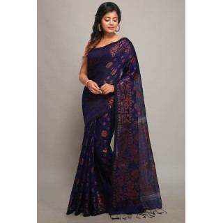 WoodenTant Women's banarasi Cotton silk Handloom Saree with pure copper Floral zari solid border_ (Royal Blue)