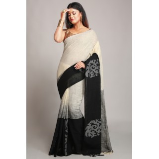 WoodenTant Women's Pure Linen Saree In white & black with Blouse Piece.