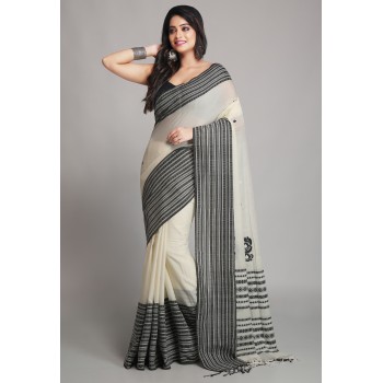 WoodenTant Women’s Pure Khadi Begampuri Saree with Thread work saree in White & black with runing blouse piece.
