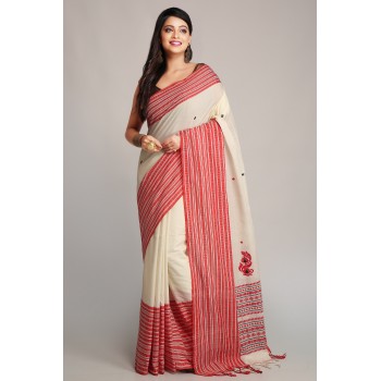 WoodenTant Women’s Pure Khadi Begampuri saree With Thread Work in White & Red with runing blouse piece.