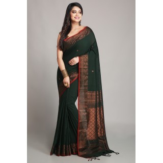 WoodenTant Women’s Pure Cotton Khadi Handloom saree with copper jamdani work with runing blouse piece (Green).