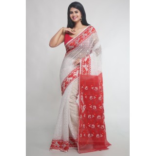 WoodenTant Women's Bengal ade Soft Dhakai Jamdani Saree without blouse piece.(White & Red)