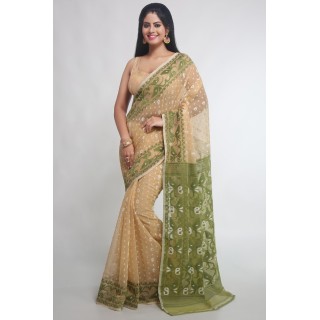 WoodenTant Women's Bengal Made Soft Dhakai Jamdani Saree without blouse piece.(Beige & Green)