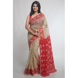 WoodenTant Women's Bengal made Soft Dhakai Jamdani Saree without blouse piece.(Beige & Red)