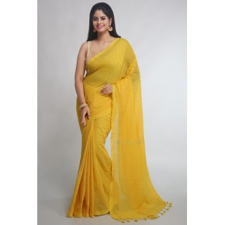 WoodenTant Women's cotton saree with allover golden Zari stripe .(Yellow)