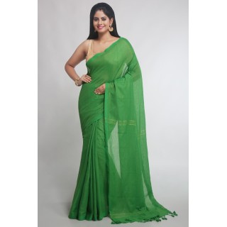 WoodenTant Women's cotton saree with allover golden Zari stripe .(Green)