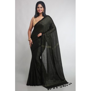 WoodenTant Women's cotton saree with allover golden Zari stripe .(Black)