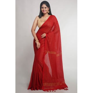 WoodenTant Women's cotton saree with allover golden Zari stripe .(Red)