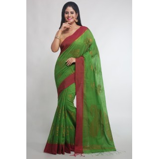 WoodenTant women's bengal made handloom banarasi with blouse piece. (Green)