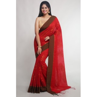 WoodenTant women's bengal made handloom banarasi with blouse piece. (Red)