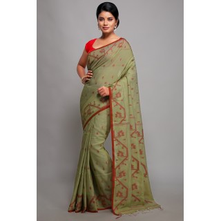 Woodentant Women’s woven pure khadi cotton saree Ligh Green & Red colour with blouse pieces