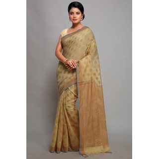 WoodenTant Women's handloom woven cotton silk Bengal banarasi saree in Cream colour with pure copper zari work with unstitch running blouse piece. Steal the limelight with this Bengal made banarasi saree.