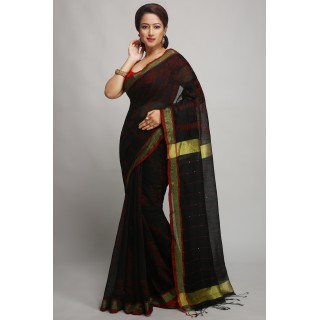 WoodenTant Women's Cotton silk Sequin with Shibory Print saree_(Black)