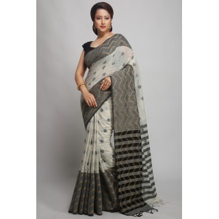 WoodenTant Women’s Pure Cotton Handloom Saree in White & Black with Blouse Piece.