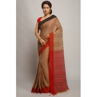 WoodenTant Women's Pure Cotton kantha stitch saree with Blouse piece_(Beige&Red)