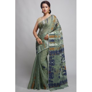 WoodenTant Women’s Soft Resham Dhakai Jamdani Saree In Green without Starch And Without Blouse Piece