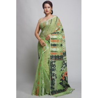 WoodenTant Women’s Soft Resham Dhakai Jamdani Saree In Light Green without Starch And Without Blouse Piece