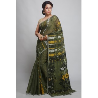 WoodenTant Women’s Soft Resham Dhakai Jamdani Saree In Olive-Green without Starch And Without Blouse Piece