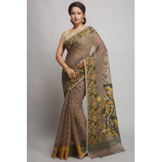 WoodenTant Women’s Soft Resham Dhakai Jamdani Saree In Dark Beige without Starch And Without Blouse Piece