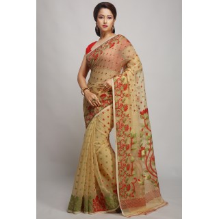 WoodenTant Women’s Soft Resham Dhakai Jamdani Saree In Cream color without Starch And Without Blouse Piece