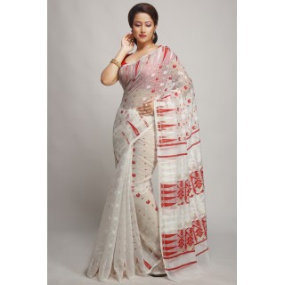 WoodenTant Women's Cotton Silk Dhakai Jamdani Saree without Blouse_(White & Red)