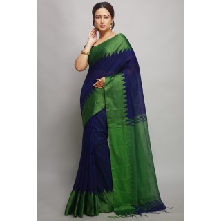 WoodenTant Women's cotton silk handloom saree in blue with green velvet border with blouse blouse piece.