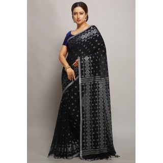 Woodentant women's woven pure cotton khadi saree with blouse pieces (BLACK)