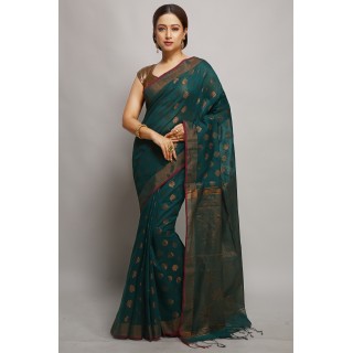 WoodenTant Women's banarasi Cotton silk Handloom Saree with pure copper zari solid border_ (Dark Teal Green)