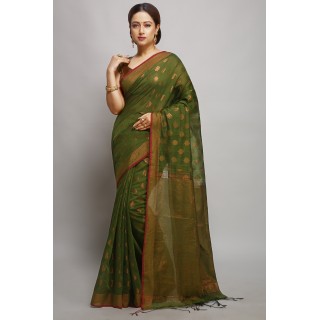 WoodenTant Women's banarasi Cotton silk Handloom Saree with pure copper zari solid border_ (Olive Green)
