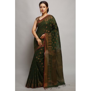 WoodenTant Women's banarasi Cotton silk Handloom Saree with pure copper zari solid border_ (Dark Green)