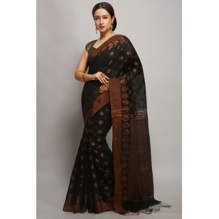 WoodenTant Women's banarasi Cotton silk Handloom Saree with pure copper zari solid border_ (Black)