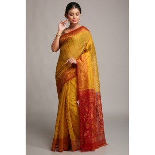 Woodentant women’s cotton silk copper zari dhakai jamdani saree without blouse piece_( Yellow & Red)