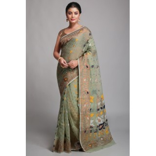 Woodentant women’s Soft cotton silk dhakai jamdani saree without blouse piece_moss green