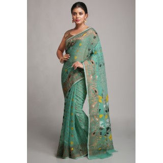 Woodentant women’s Soft cotton silk dhakai jamdani saree without blouse piece_Sea green