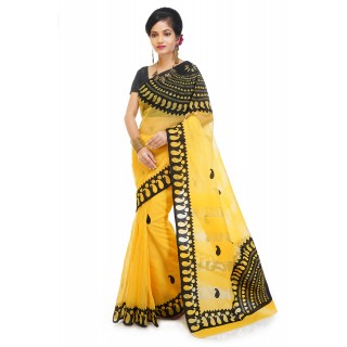 WoodenTant Pure Noyel Cotton Applique Saree In Yellow And Black With Kalka Design
