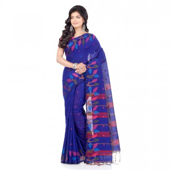 WoodenTant Handloom Cotton Silk Fashion Saree with In Royal Blue Leaves Design In All Over The Border