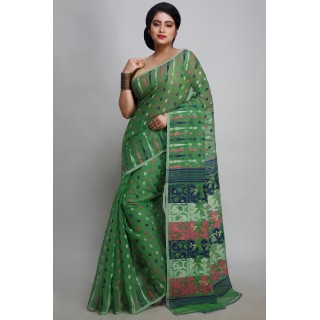 Woodentant women’s soft cotton silk dhakai jamdani saree with designer floral pallu with temple border zari work without blouse piece (Light Green).