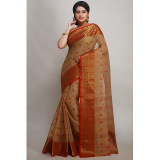 Woodentant women's pure cotton exclusive Designer Tant saree in Beige and red golden zari border without blouse piece.