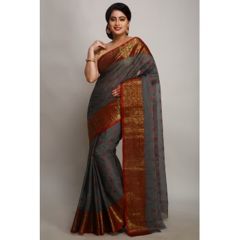 Woodentant women's pure cotton exclusive Tant saree in Grey and Red zari border without blouse piece.