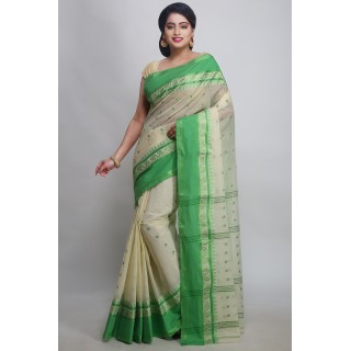 WoodenTant Women's Pure Cotton exclusive Tant Saree In White and green solide designer border without blouse piece.