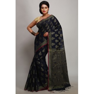 WoodenTant Bengali Fashion Banarasi Soft Silk with Cotton mix saree with woven zari and Tassels. (Navy Blue).