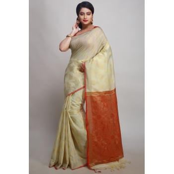 WoodenTant women’s new Designer handloom cotton silk Banarasi saree with designer pallu and solid zari border with blouse piece (White & Red ).
