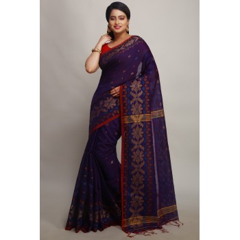 Woodentant women's woven exclusive cotton silk handloom saree in multicolor cotton Thread border with blouse piece ( blue ).