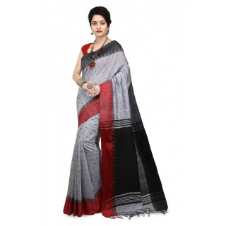 WoodenTant Women's Cotton Silk Saree In Grey with black Pallu